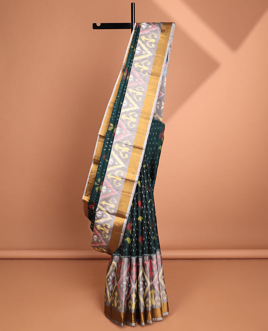 Green floral ikkat design soft silk saree, contrast ikkat design border & pallu of ikkat designs