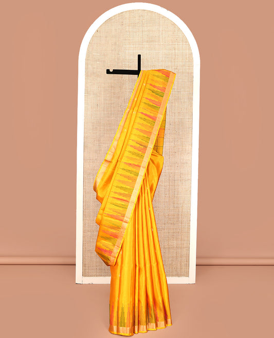 Yellow Mayuri Soft Silk Saree, Subtly Sparkled With Zari Buttas All Over Its Body, Complemented by Contrast Temple Zari Border, Checked Pallu, and Paired with a Matching Blouse