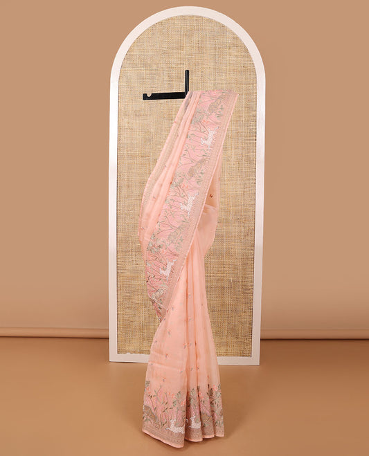 Baby pink floral buttas thread embroidey organza saree with self forest design embroidery border