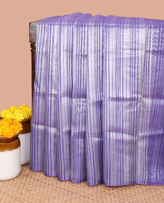 Purple lehariya design crush tissue saree with self border & chit pallu along with striped silver blouse