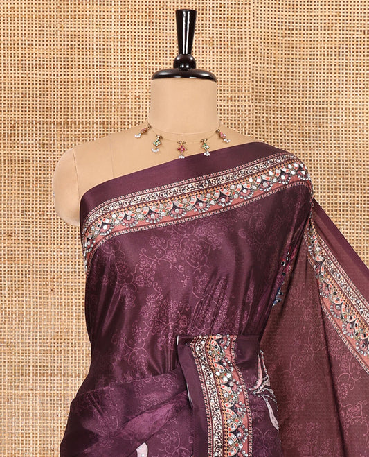 Purple floral printed and mirror work masakali saree, printed border, pallu of intricate print and mirror work, and a matching blouse