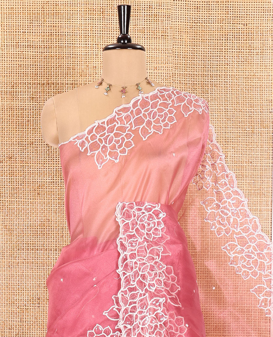 Pink Organza Saree, Subtly Sparkled with Embroidered Buttas Across Its Body, Highlighted by a Scallop Floral Thread Embroidered Border, a Self-Pallu, and Paired with a Matching Blouse