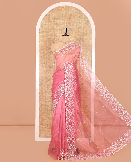 Pink Organza Saree, Subtly Sparkled with Embroidered Buttas Across Its Body, Highlighted by a Scallop Floral Thread Embroidered Border, a Self-Pallu, and Paired with a Matching Blouse