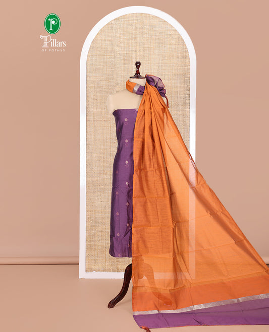 Dark Lavender Semi-Chanderi Material Churidar Features Floral Buttas Top, a Plain Bottom, and a Contrast Dupatta