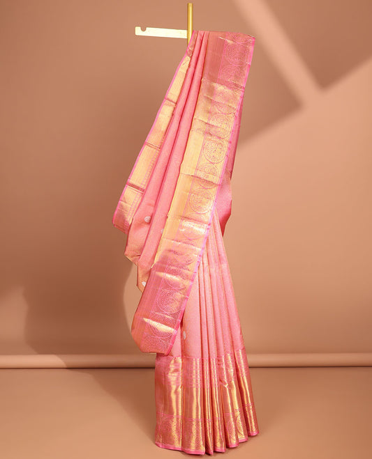 Peach striped, round buttas samudrika silk saree with self korvai border of intricate design & zari design pallu