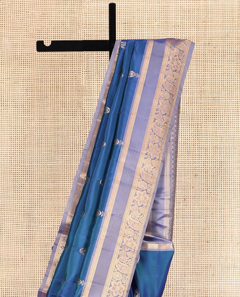 Blue Uppada Silk Saree, Woven with Zari Buttas, Complemented by a Contrast Traditional Zari Border, Grand Pallu, and a Contrast Blouse