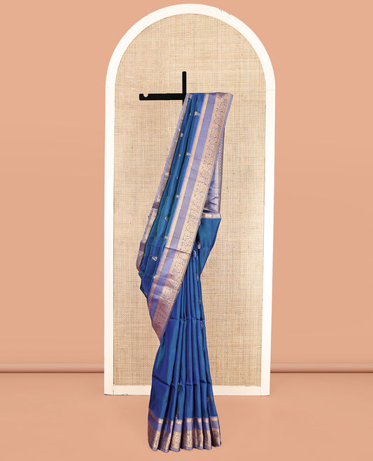 Blue Uppada Silk Saree, Woven with Zari Buttas, Complemented by a Contrast Traditional Zari Border, Grand Pallu, and a Contrast Blouse