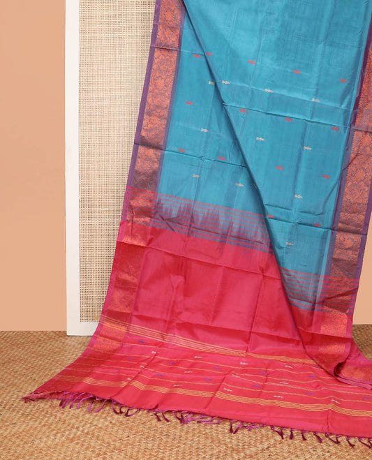 Blue motifs banana pith saree with contrast zari design border & striped, floral design pallu