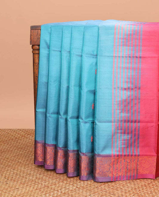 Blue motifs banana pith saree with contrast zari design border & striped, floral design pallu