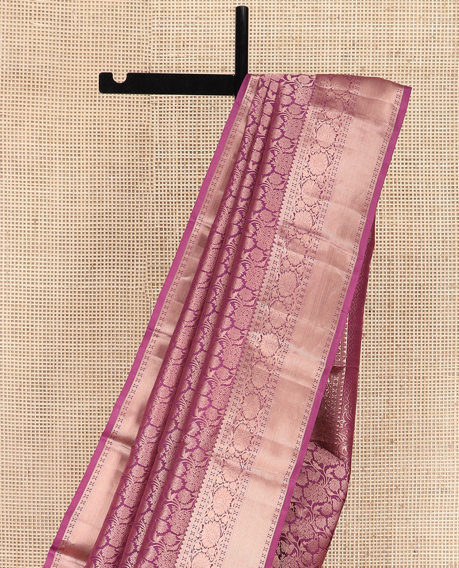 Purple Kanchipuram Wedding Silk Saree Meticulously Crafted with Jacquard Designs, Highlighted with Zari Border of Kodi Visiry Designs, Artfully Detailed Pallu of Mughal-Style Floral Designs, and Paired with a Matching Blouse