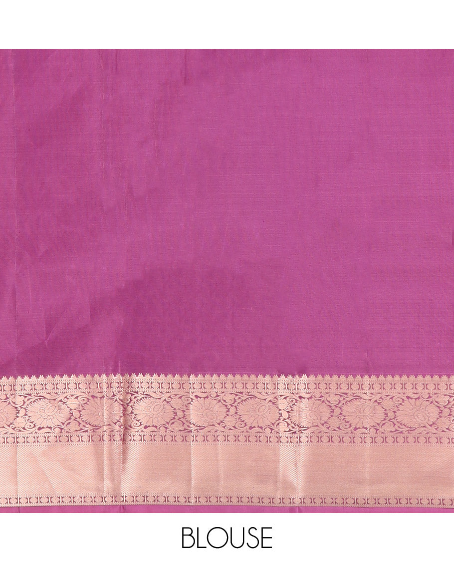 Purple Kanchipuram Wedding Silk Saree Meticulously Crafted with Jacquard Designs, Highlighted with Zari Border of Kodi Visiry Designs, Artfully Detailed Pallu of Mughal-Style Floral Designs, and Paired with a Matching Blouse