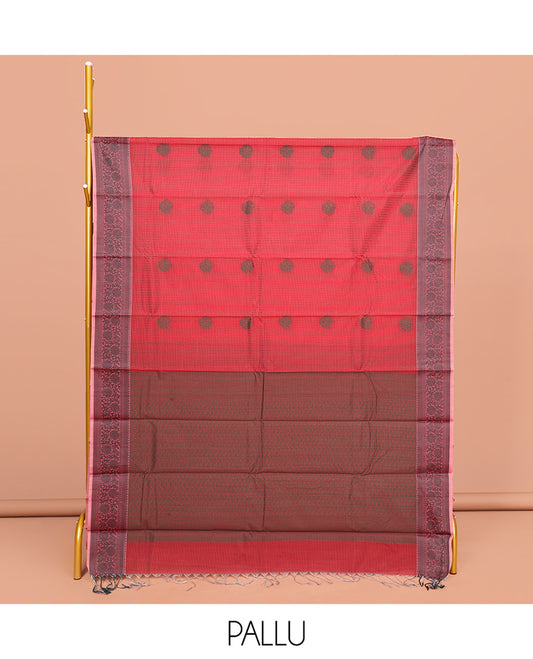 Red Semi-Silk Cotton Saree, Delicately Designed with Buttas All Over Its Body, Contrast Floral Design Border, Sparsely Woven Pallu, and Paired with a Matching Blouse