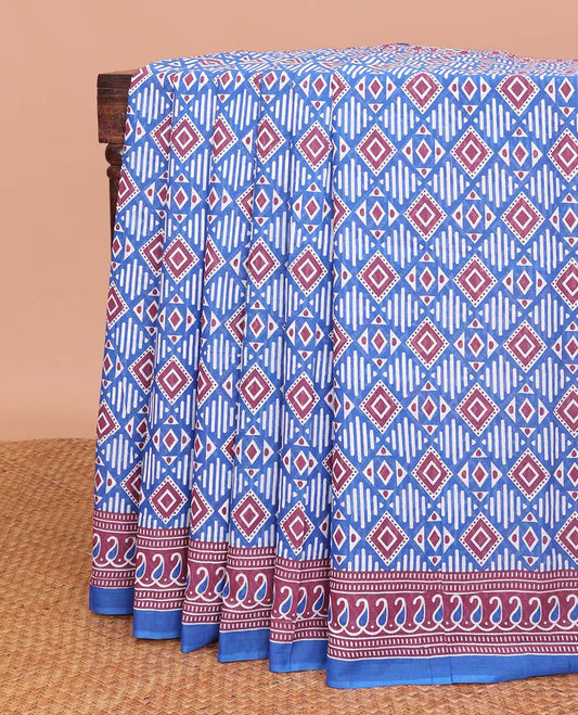 Blue geometric design mul mul cotton saree with self paisely design border & floral design pallu