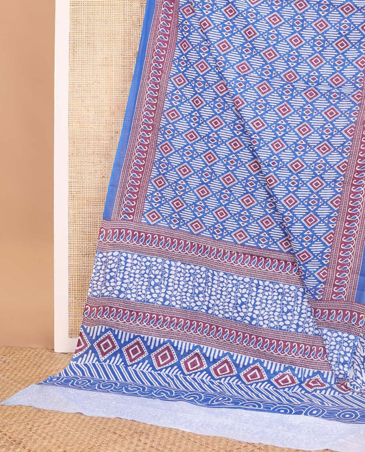 Blue geometric design mul mul cotton saree with self paisely design border & floral design pallu