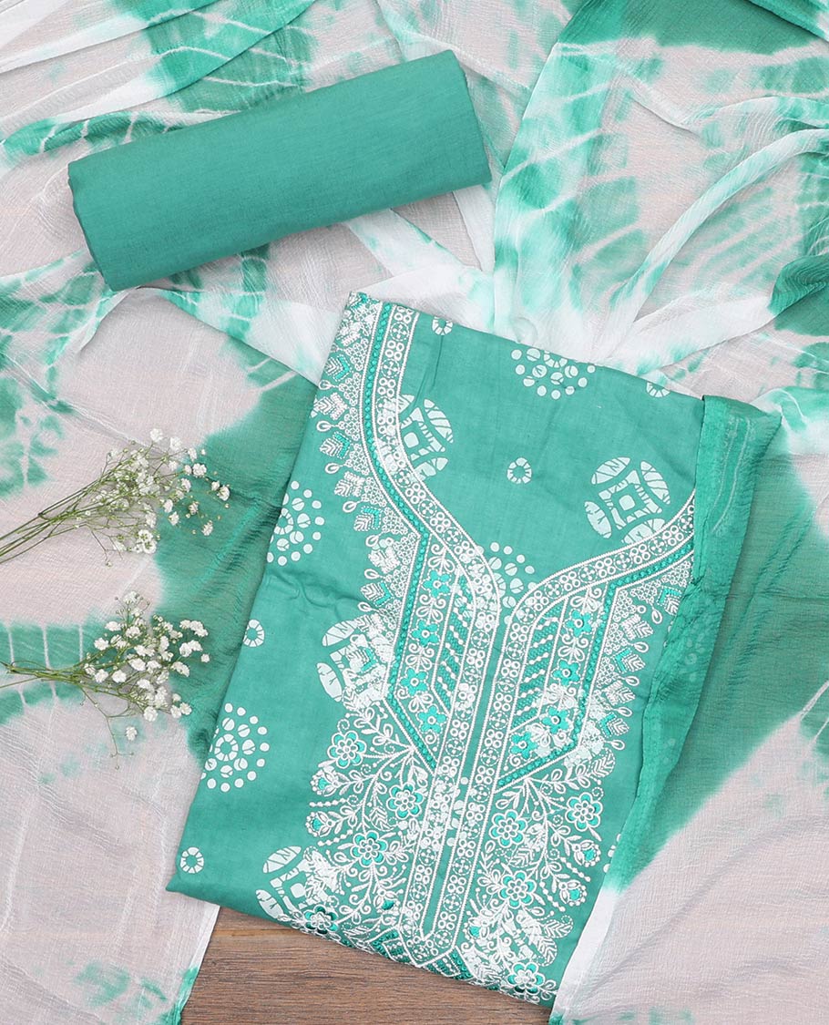 Turquoise material churidar set, batik printed with neck embroidered cotton top, plain cotton bottom, and shibori printed chiffon dupatta