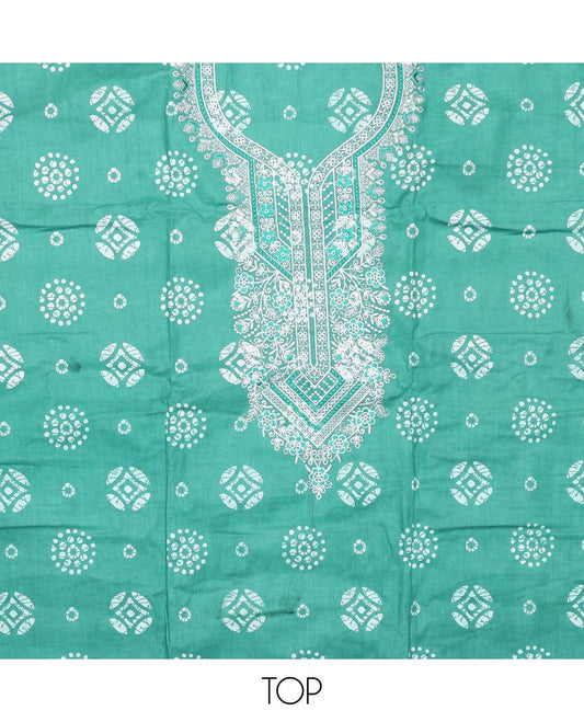 Turquoise material churidar set, batik printed with neck embroidered cotton top, plain cotton bottom, and shibori printed chiffon dupatta