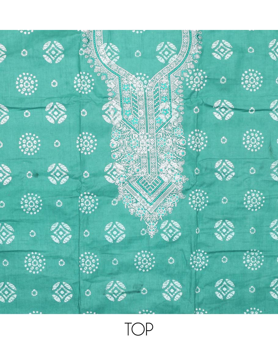 Turquoise material churidar set, batik printed with neck embroidered cotton top, plain cotton bottom, and shibori printed chiffon dupatta