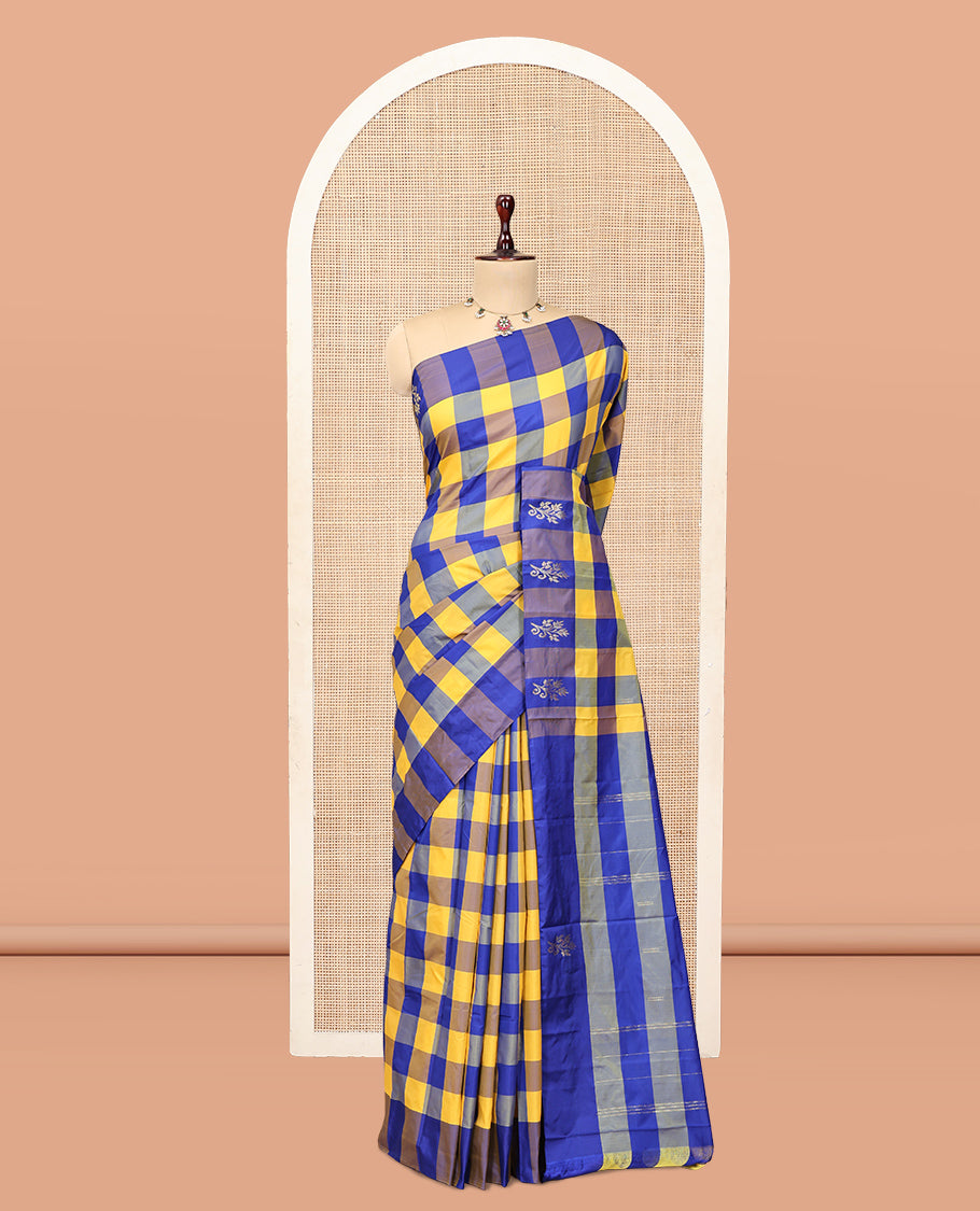 Borderless Multi-Color Checked Arani Saree Features Zari Buttas, a Pallu of Zari Stripes, and a Matching Blouse