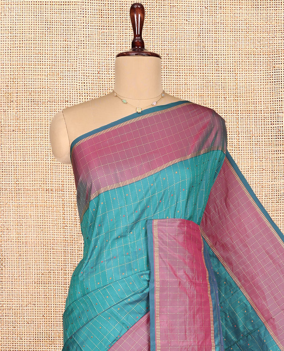 Blue Aarani Gift Saree, Adorned with Butta Enclosed Checked Designs on Its Body, Complemented by a Contrast-Checked Design Border, Zari-Striped Pallu, and Paired with a Contrast Blouse