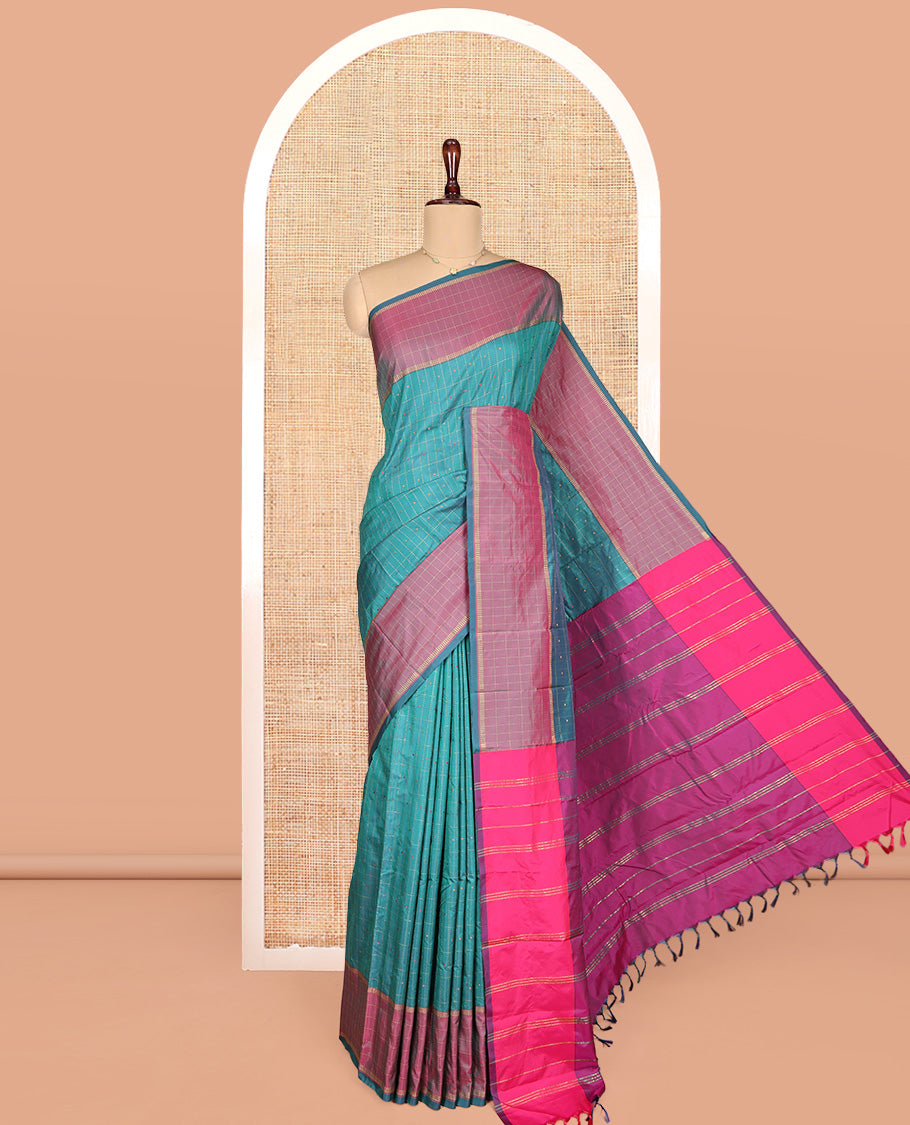 Blue Aarani Gift Saree, Adorned with Butta Enclosed Checked Designs on Its Body, Complemented by a Contrast-Checked Design Border, Zari-Striped Pallu, and Paired with a Contrast Blouse