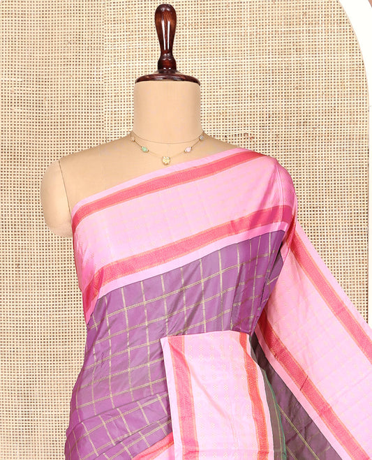 Purple Aarani Gift Saree, Mesmerized with Checks on Its Body, Complemented by a Contrast Border, a Self-Pallu of Stripes, and Paired with a Matching Blouse