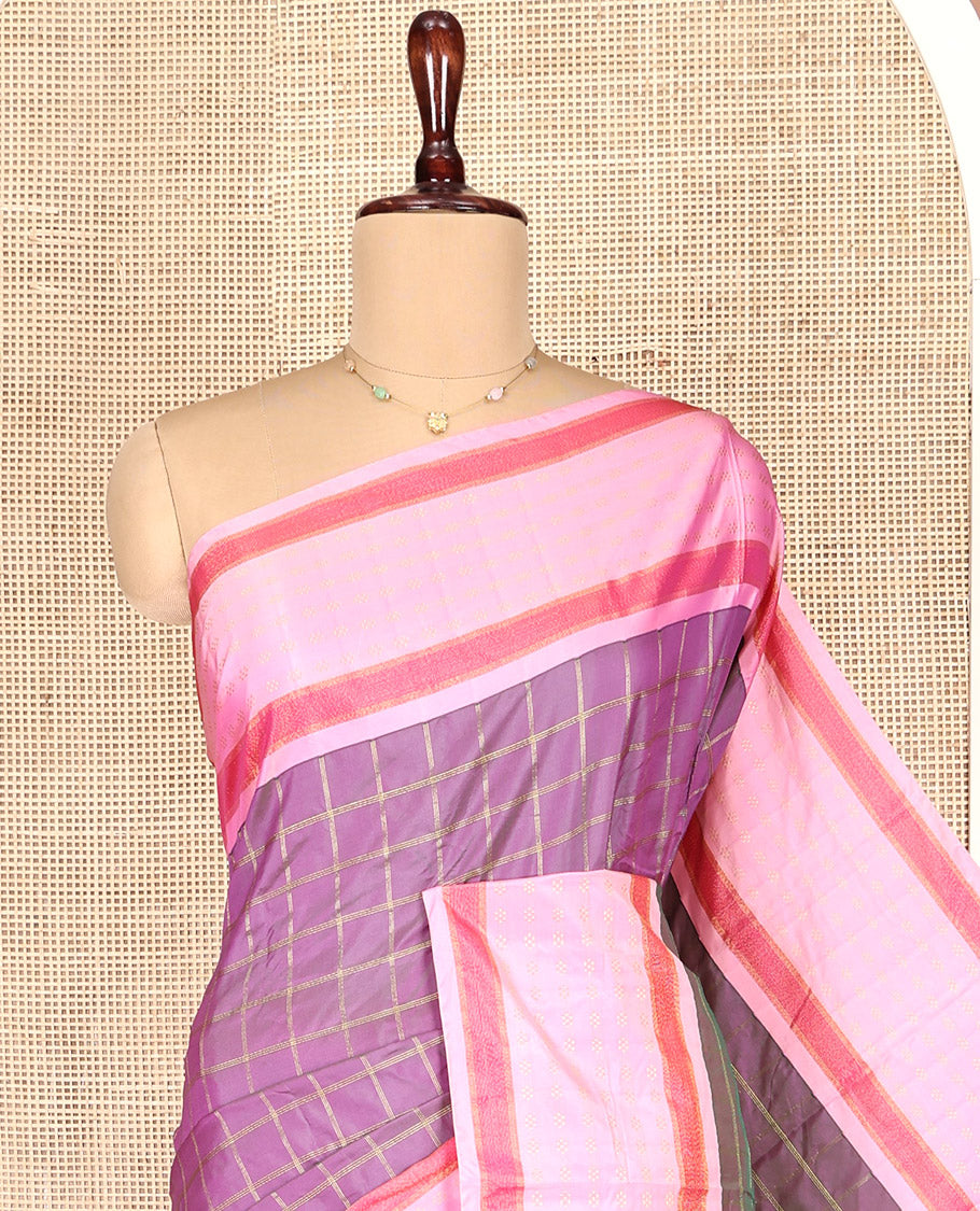Purple Aarani Gift Saree, Mesmerized with Checks on Its Body, Complemented by a Contrast Border, a Self-Pallu of Stripes, and Paired with a Matching Blouse