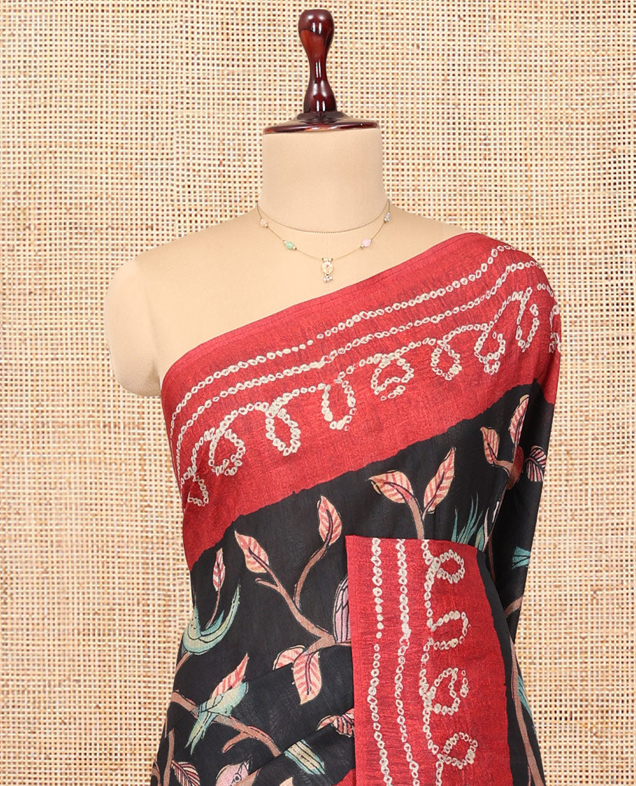 Black Fancy Tussar Saree Features Kalamkari Floral and Animal Print, Contrast Bandhani Border, Bandhani Pallu, and a Contrast Blouse