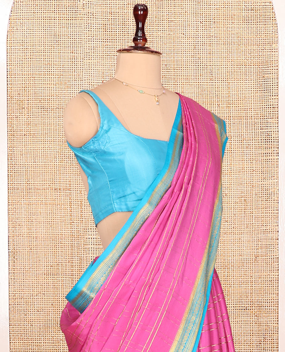 Pink Mysore Silk Saree, Gleamed up with Zari Checked Design on its Body, Complemented by Captivating Contrast Border of Traditional Zari Designs, Pallu of Tropical Flora and Flamingo Bird Designs, and Paired with a Contrast Blouse