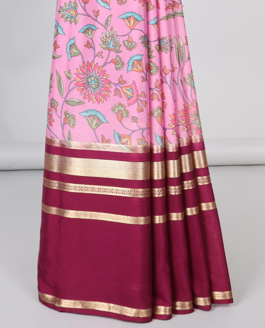 Pink floral vine design mysore silk saree with contrast zari border & striped zari pallu