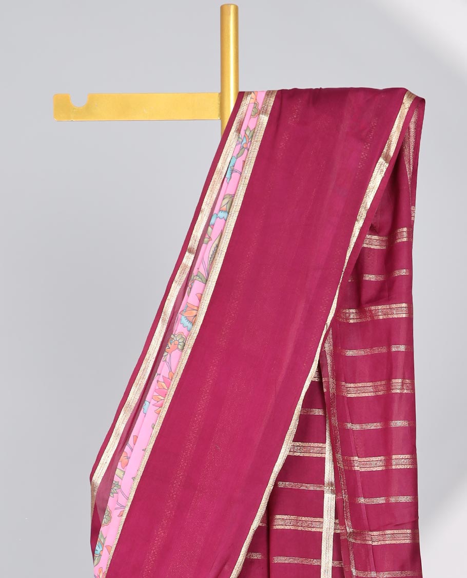 Pink floral vine design mysore silk saree with contrast zari border & striped zari pallu