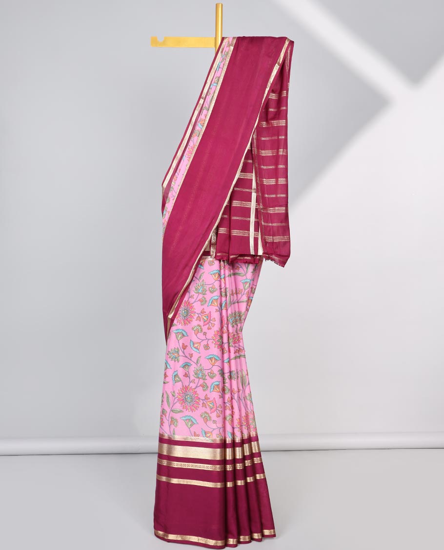 Pink floral vine design mysore silk saree with contrast zari border & striped zari pallu