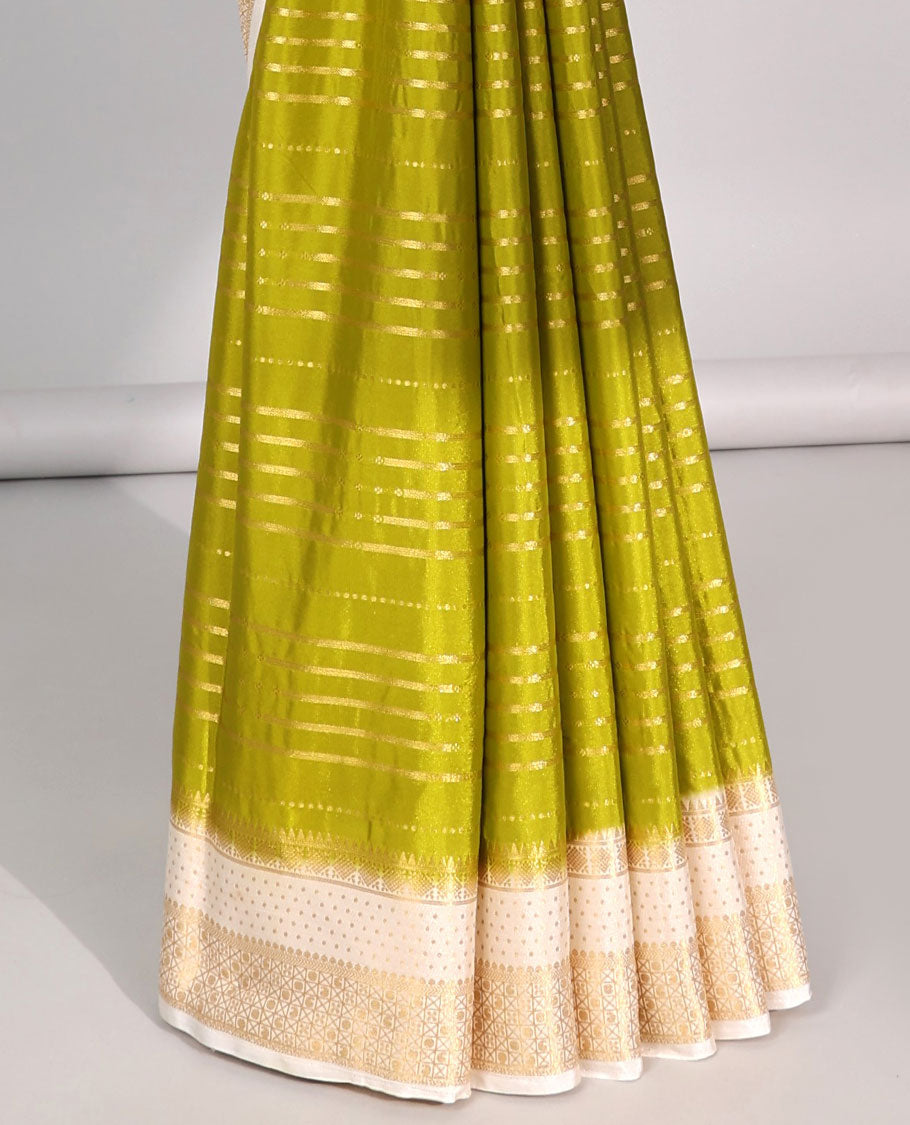 Green striped design  mysore silk saree with contrast argyle border & forest theme printed pallu