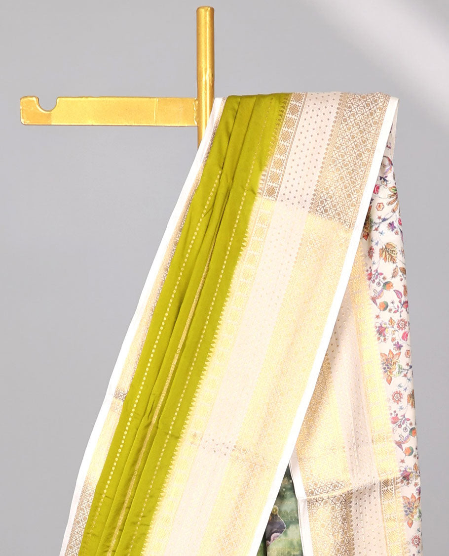 Green striped design  mysore silk saree with contrast argyle border & forest theme printed pallu