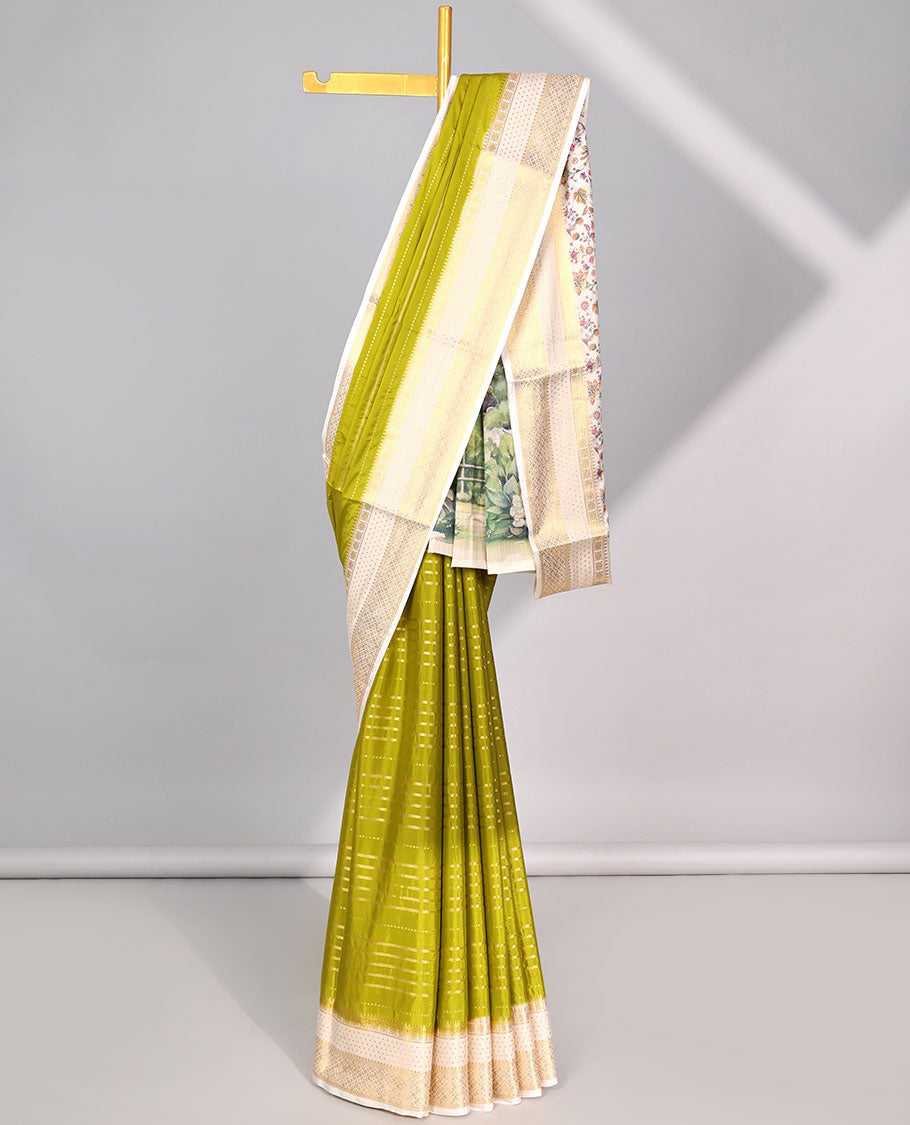 Green striped design  mysore silk saree with contrast argyle border & forest theme printed pallu