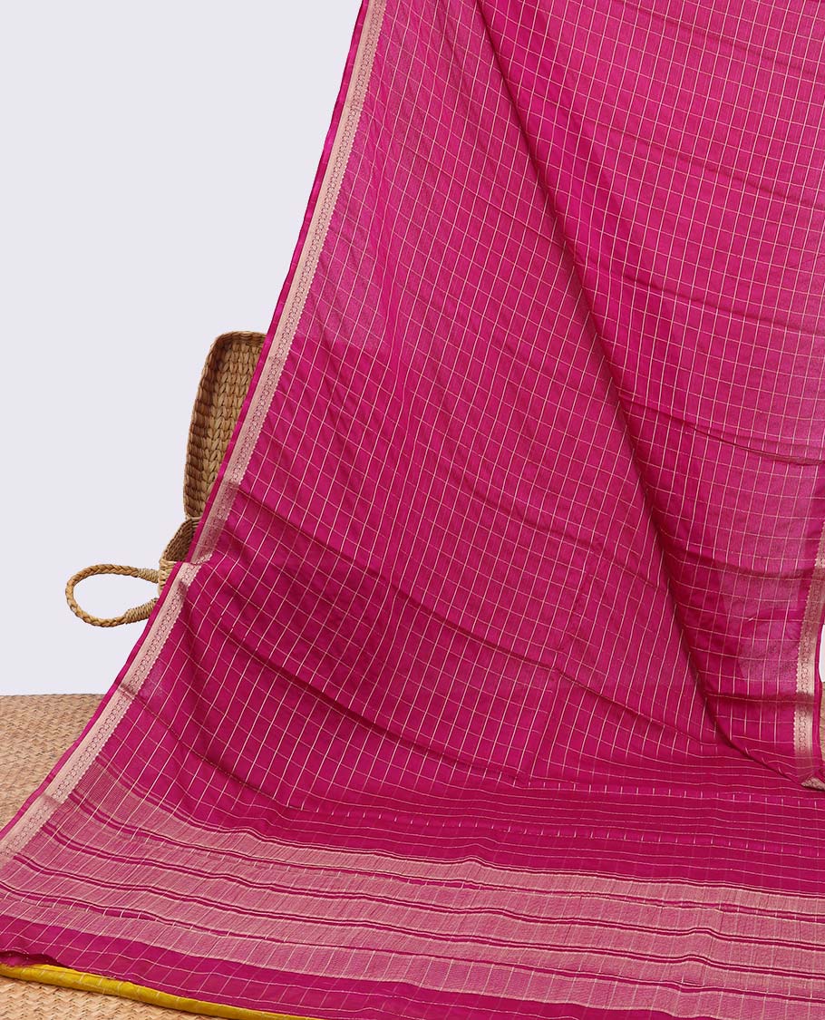 Pink checked art mysore silk saree with self zari border & striped zari pallu