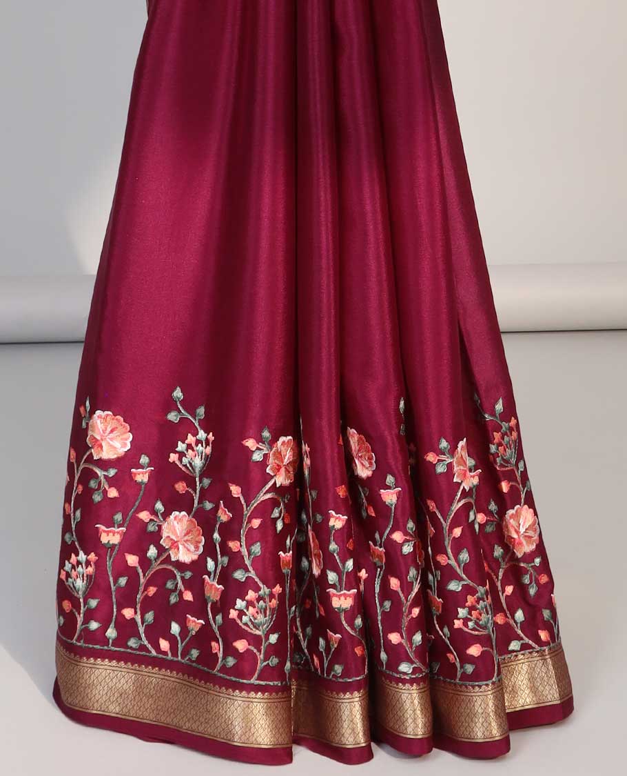 Marron floral motifs embroidery mysore silk saree with self zari border & striped pallu