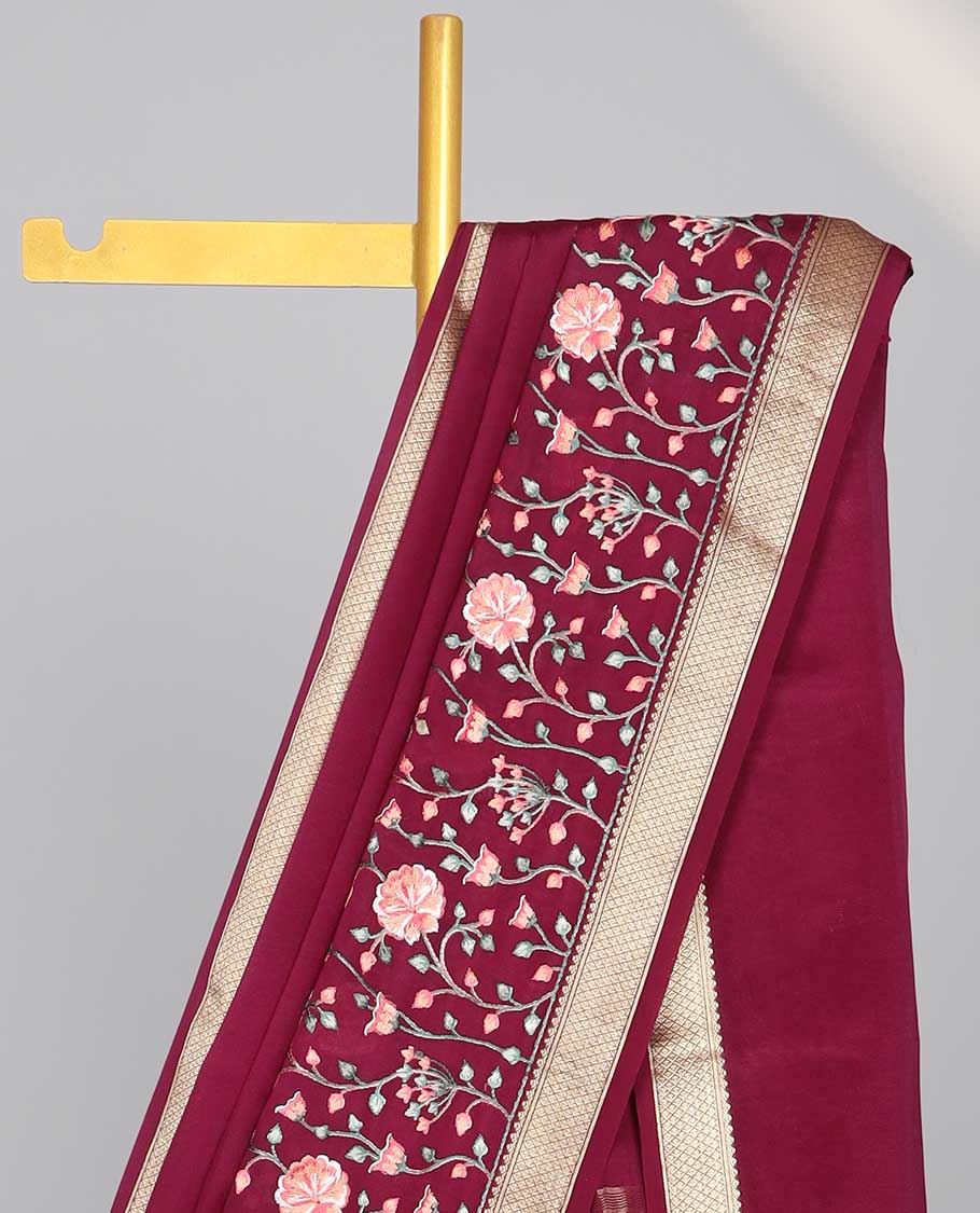 Marron floral motifs embroidery mysore silk saree with self zari border & striped pallu