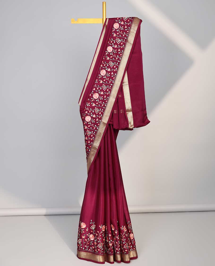 Marron floral motifs embroidery mysore silk saree with self zari border & striped pallu