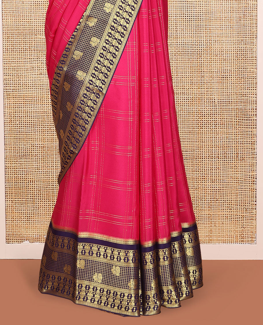 Pink Mysore Silk Saree Features Checkered Pattern, Contrast Traditional Zari Border, Rich Pallu, and a Contrast Blouse