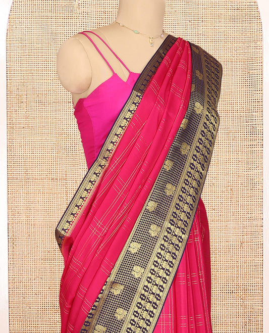 Pink Mysore Silk Saree Features Checkered Pattern, Contrast Traditional Zari Border, Rich Pallu, and a Contrast Blouse