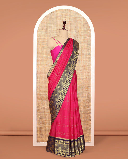 Pink Mysore Silk Saree Features Checkered Pattern, Contrast Traditional Zari Border, Rich Pallu, and a Contrast Blouse