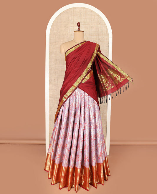 Pink jacquard art-silk half-saree with contrast traditional zari bordered skirt, contrast jacquard blouse and a contrast zari design dhavani