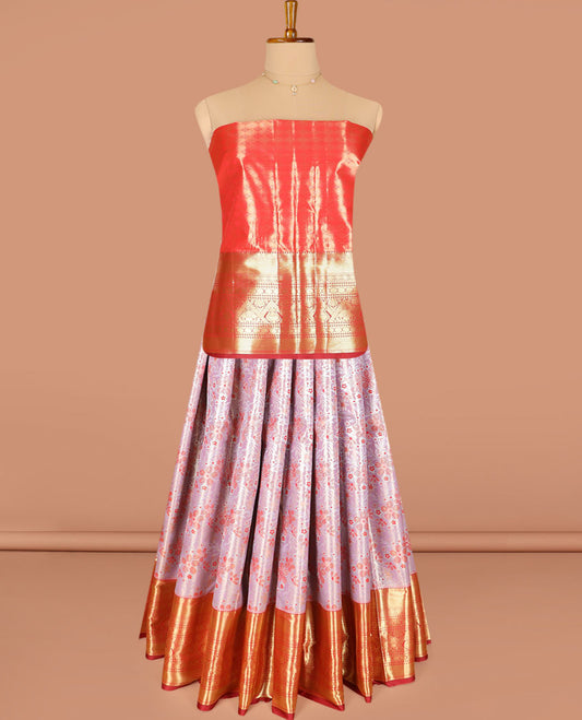 Pink jacquard art-silk half-saree with contrast traditional zari bordered skirt, contrast jacquard blouse and a contrast zari design dhavani