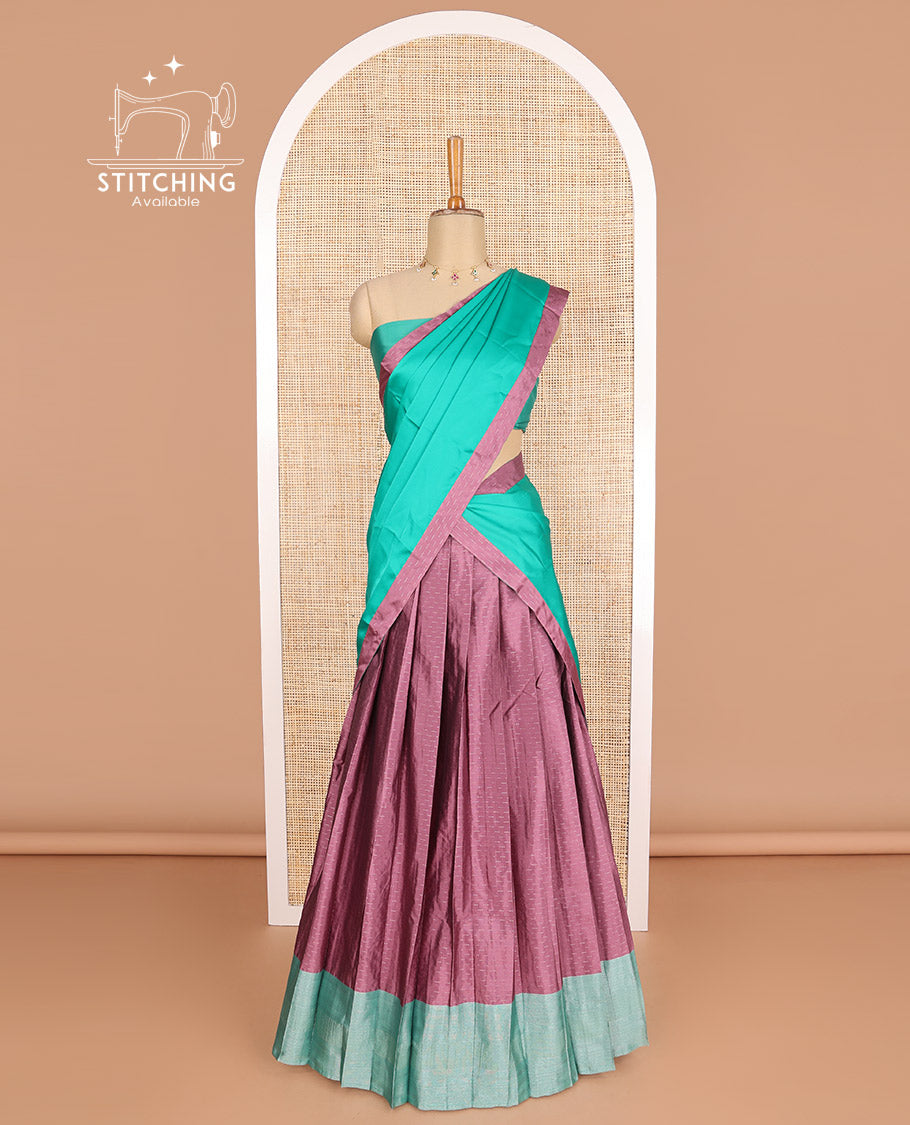 Mauve geometric design poly-cotton half saree with contrast border, plain blouse & plain, geometric design border dhavani