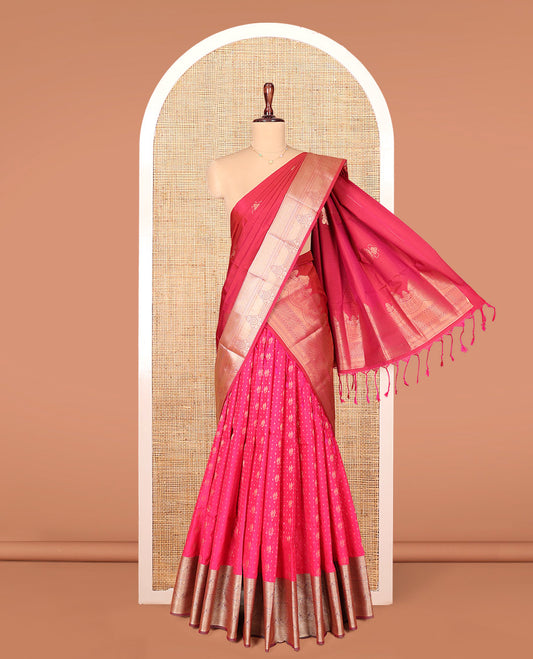 Pink Art Silk Material Half Saree Set, Dazzled with Zari Buttas on Its Skirt, Complemented by a Contrast Traditional Zari Design Border, Paired with a Contrast Blouse, and Intricately Designed Dhavani