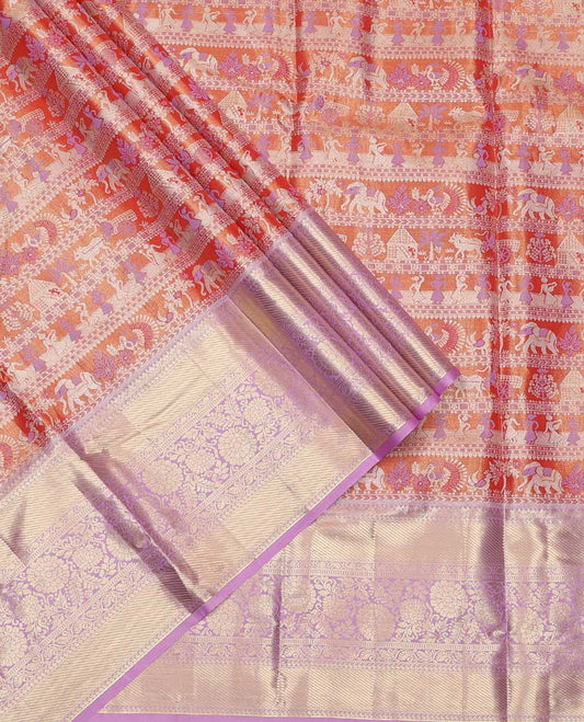 Orange Art Silk Material Half Saree Set, Decked Up with Jacquard Design Skirt, a Contrast Traditional Zari Border of Floral Creeper Designs, Contrast Zari-Jacquard Blouse, and a Dhavani of paisley Designs