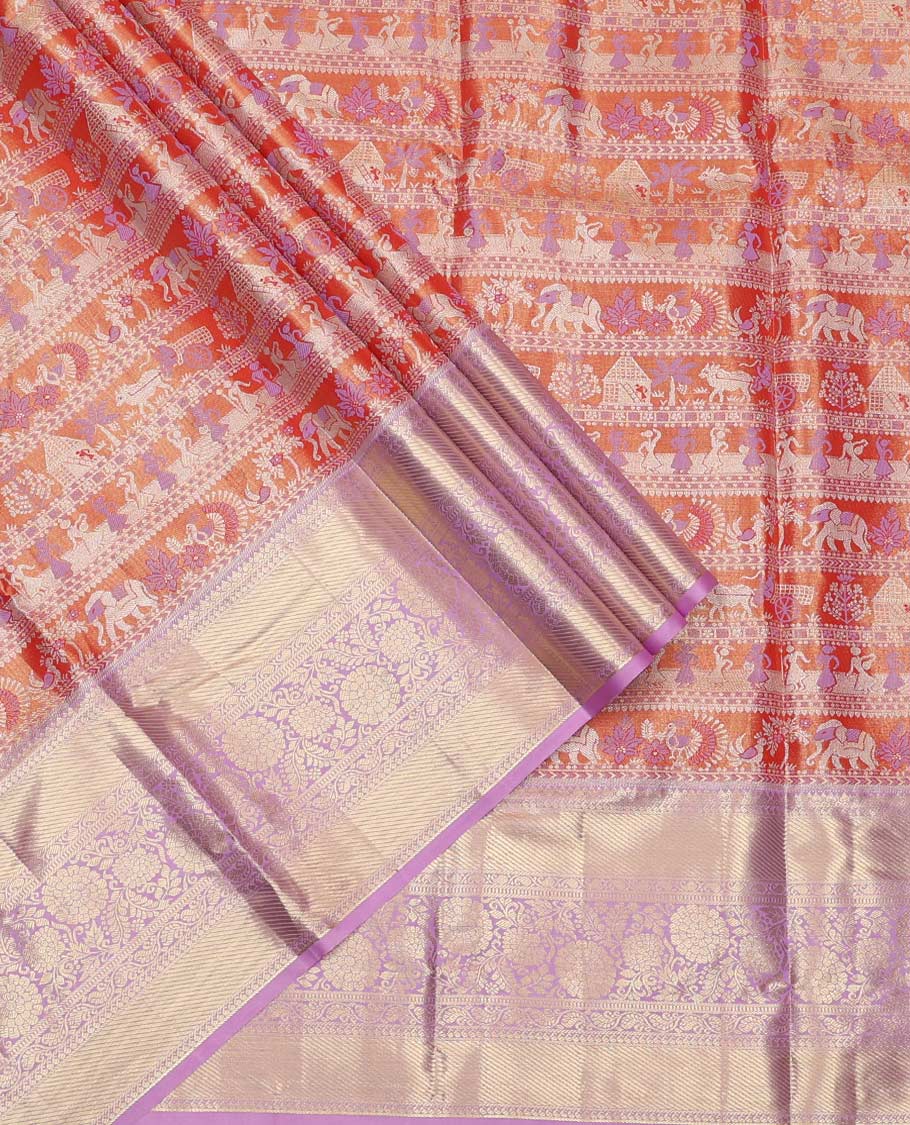 Orange Art Silk Material Half Saree Set, Decked Up with Jacquard Design Skirt, a Contrast Traditional Zari Border of Floral Creeper Designs, Contrast Zari-Jacquard Blouse, and a Dhavani of paisley Designs