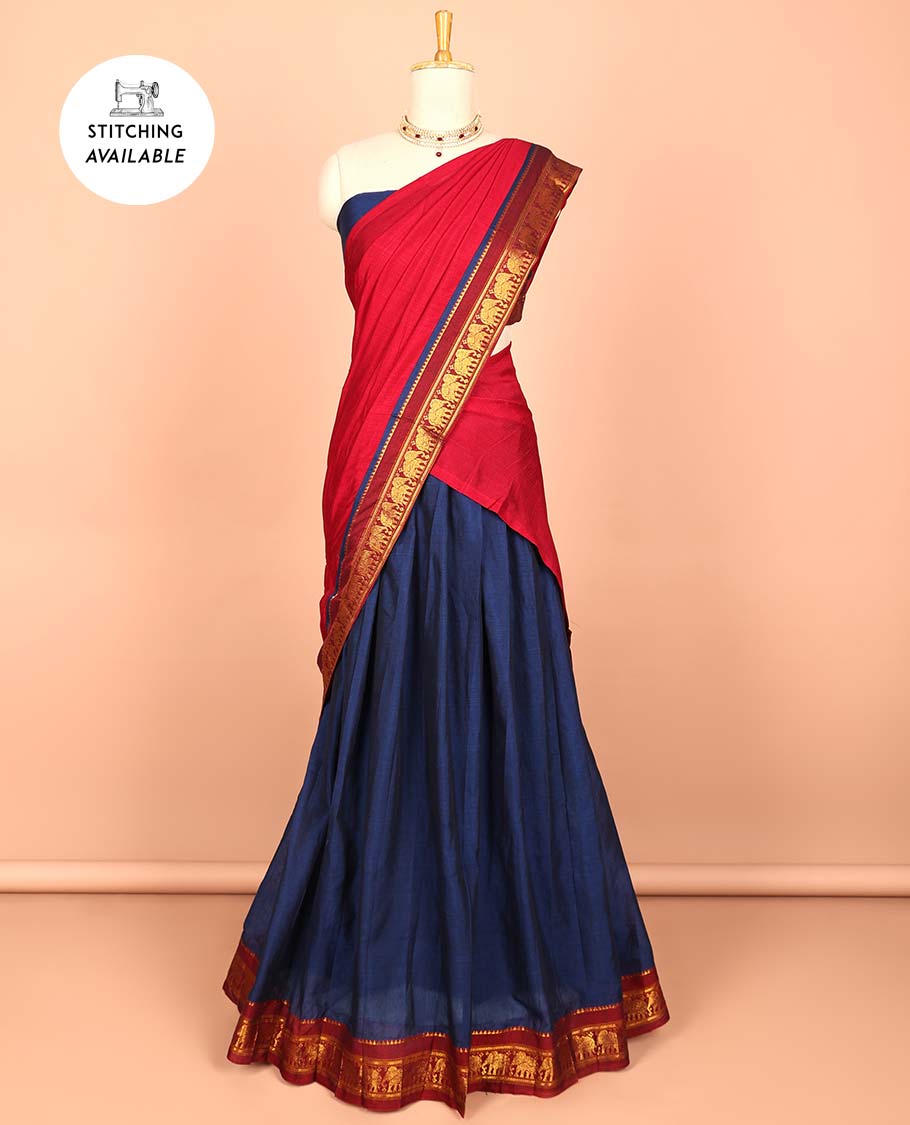 Blue cotton half saree with contrast zari border, plain blouse & plain with zari border dhavani