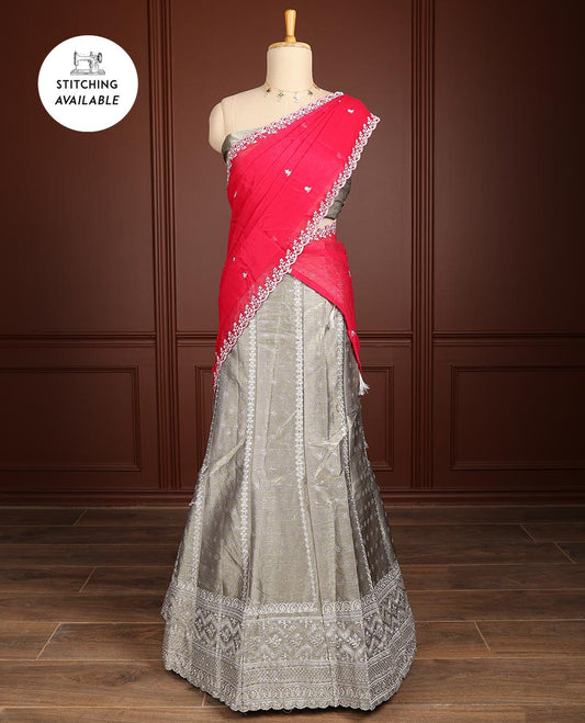 Mauve thread embroidery half saree with self border, thread embroidery blouse & floral embroidery scallop border dhavani