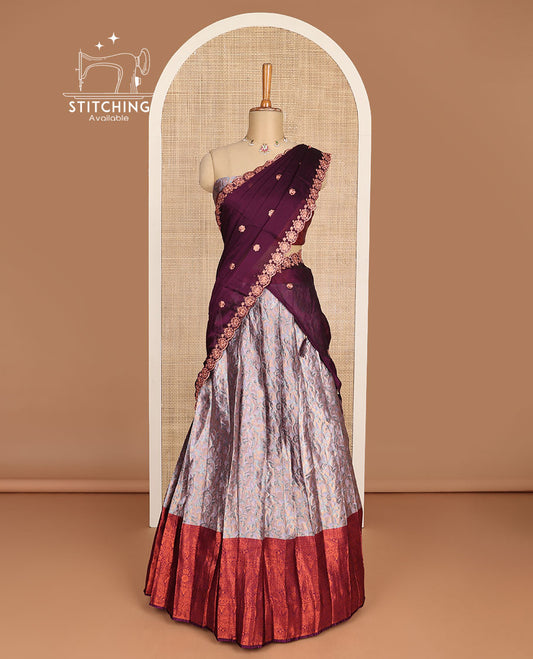 Grey floral buttas half saree with contrast traditional zari design border, zari design blouse & floral embroidery scallop border dhavani